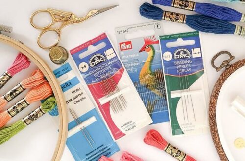 Hand embroidery needles, scissors and threads