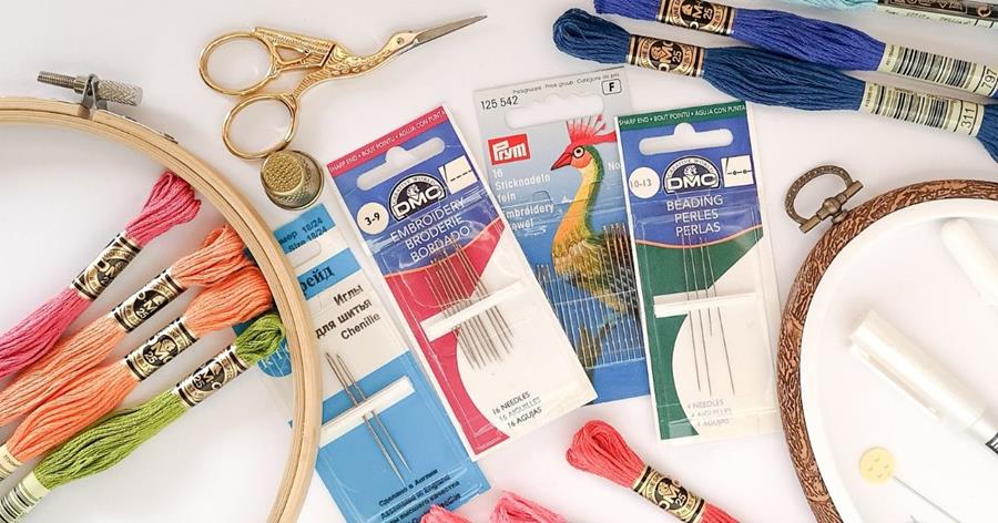 Hand embroidery needles, scissors and threads