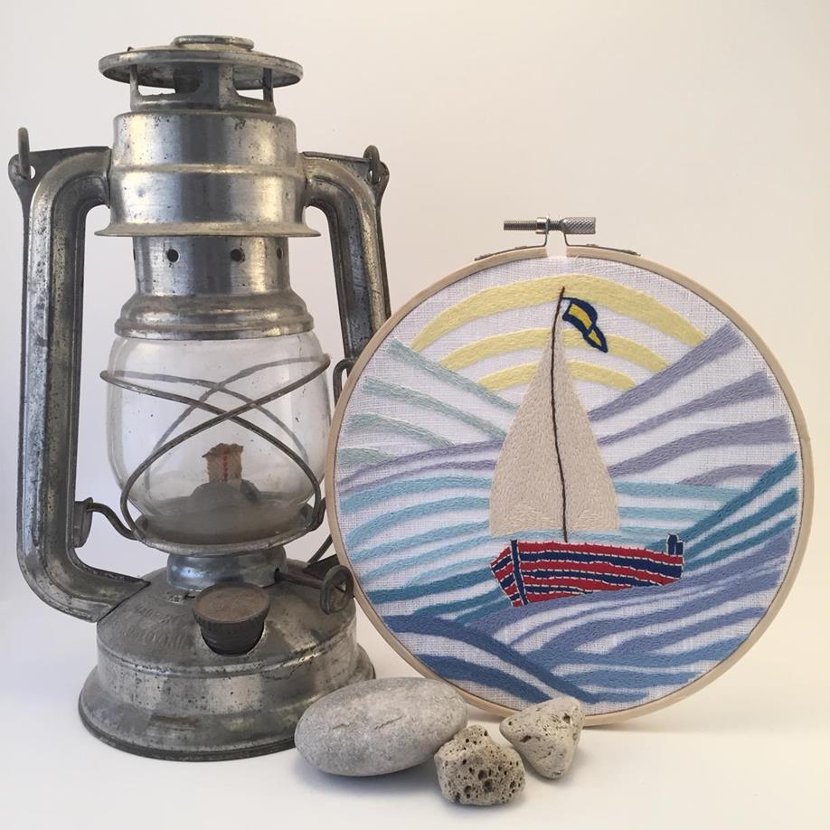 Hoop art - hand embroidered pictures 10 Sailboat hand embroidery in a hoop with lamp and stones