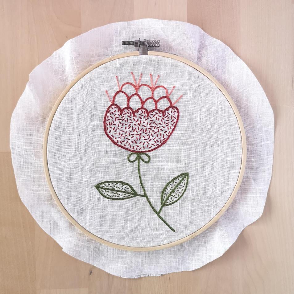 Red flower embroidery in a hoop, framing process