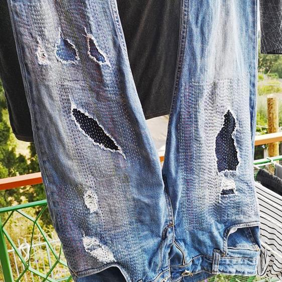 How to wash hand embroidery 2 Hand embroidered jeans hanging to dry